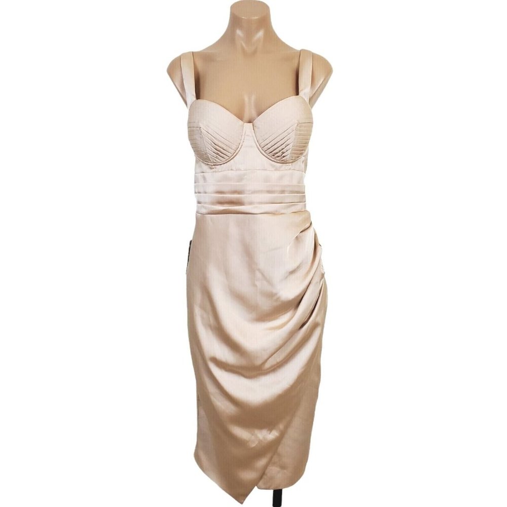 Lavish Alice Pleated Corset Cocktail Dress 12 US Clay Beige Satin Draped Ruched - Picture 3 of 12
